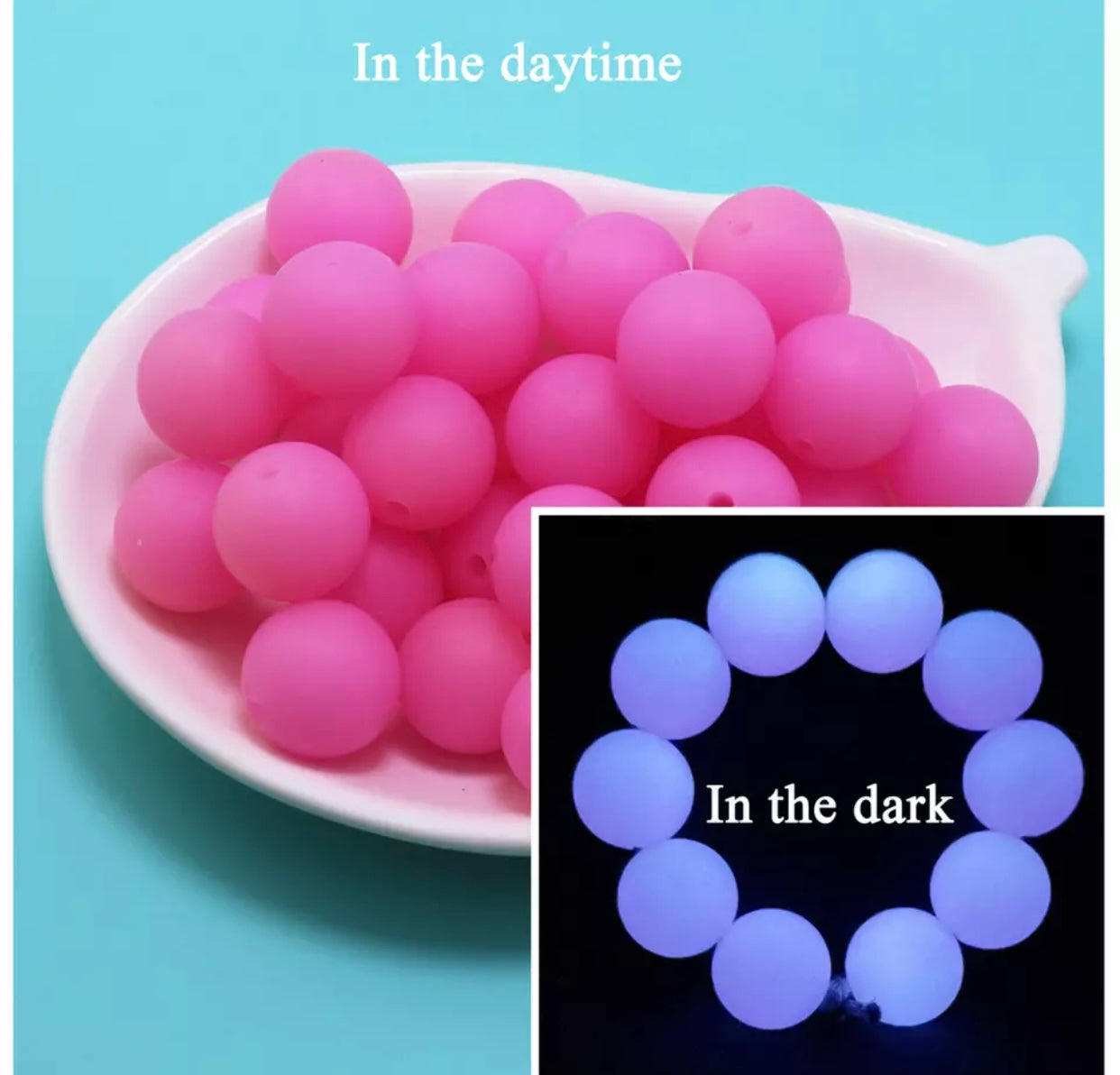 T293- 15mm Pink GLOW IN THE DARK Round Silicone