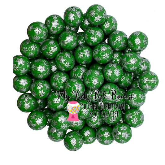 pt13- 12mm Green & Silver Snowflake Acrylic Bead (20 Count)