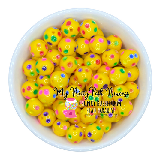 #972 - 20mm Yellow Rainbow Polka Dots Acrylic Beads (1 Count)