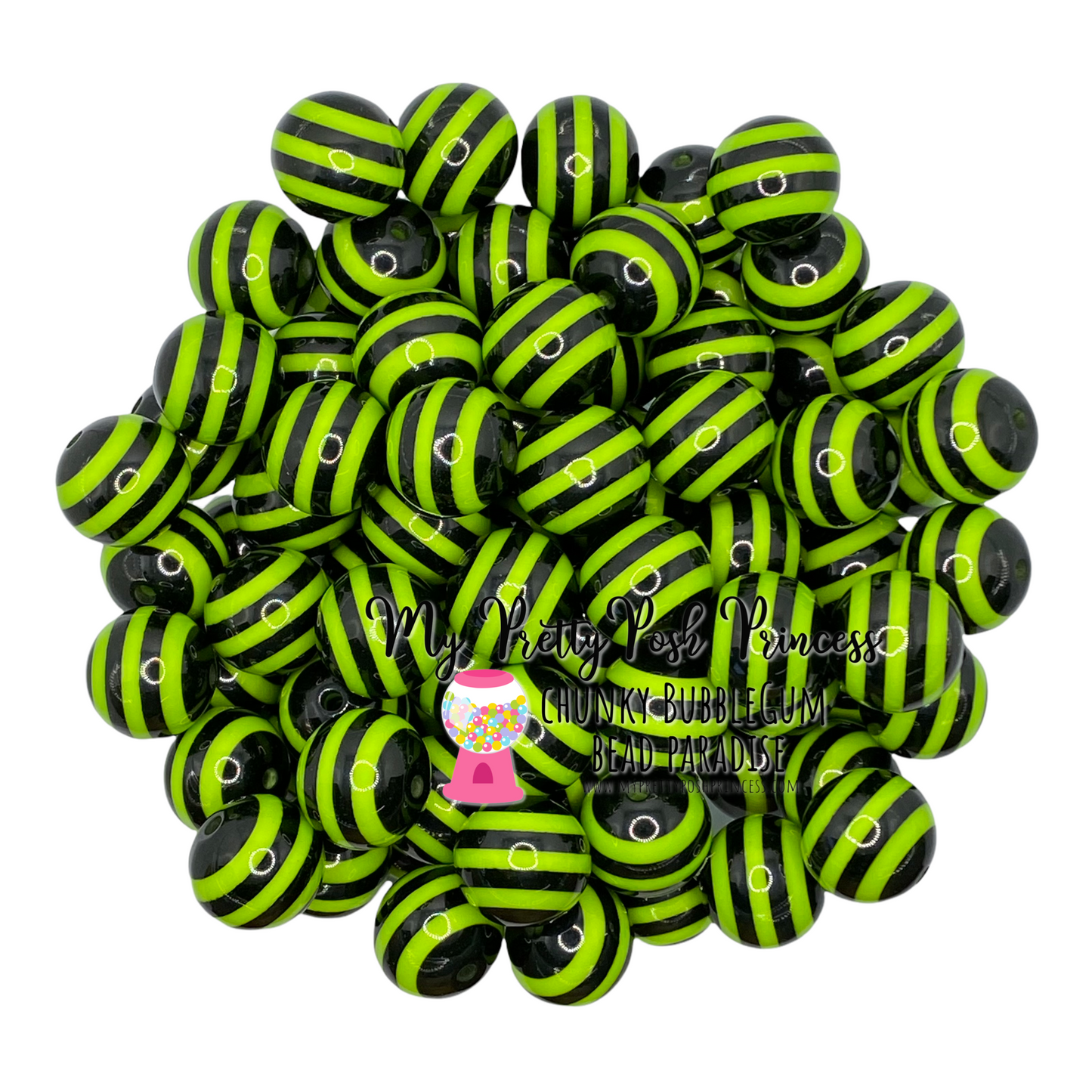 #1037 - 20mm Black & Lime Stripe Acrylic  Beads (1 Count)