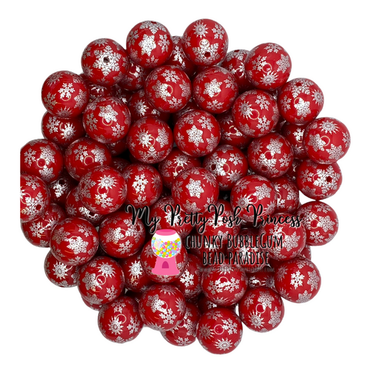 W335- 20mm Red & Silver Snowflake  Beads (1 Count)