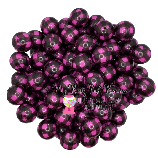 pt44- 12mm Pink Buffalo Plaid  Acrylic Beads (20 Count)