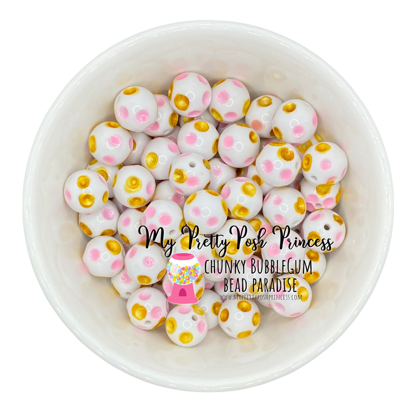 #980 - 20mm White, Pink, & Gold Polka Dots Acrylic  Beads (1 Count)